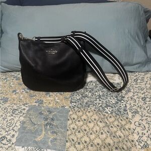 Kate Spade Black Pebbled Leather Bag with Striped Strap